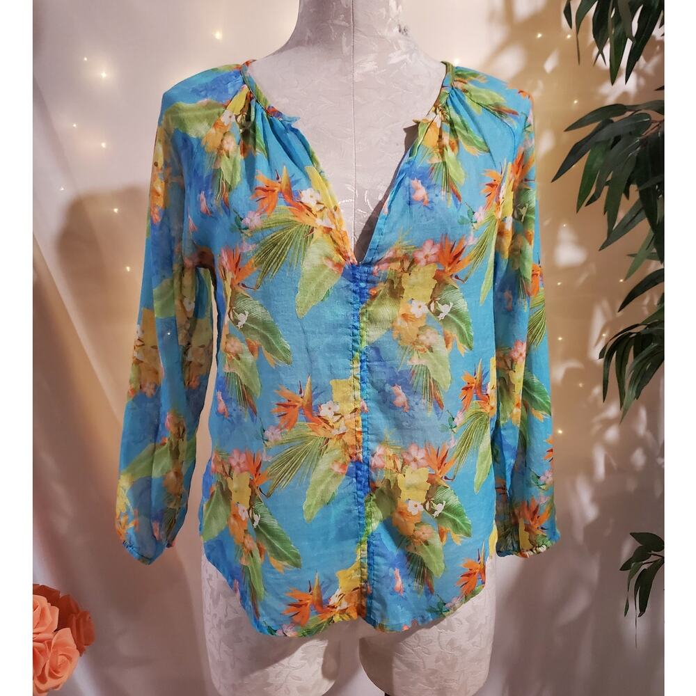 Roller Rabbit Tropical Floral 3/4 Sleeve Popover Blouse Size XXS Light Cotton